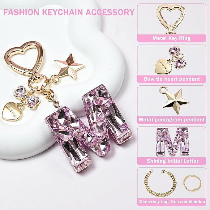 Cute Bling Keychain initial Letter Butterfly Star Pink Purple Gift for Women Girls Bag Cup Charms Accessories