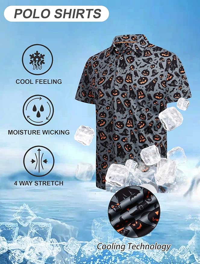 Esabel.C Golf Shirts for Men Dry Fit Performance Short Sleeve Print Moisture Wicking Collared Shirt