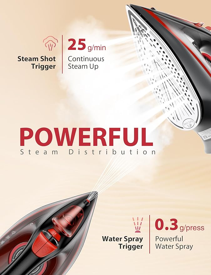 Steam Iron for Clothes 15s Fast Heat-up, 1500W Iron with 13.21oz Water Tank, Non-Stick Ceramic Soleplate, Anti-Drip, Auto-Off, Burst Steam, Self-Cleaning, Ironing Clothes for Home