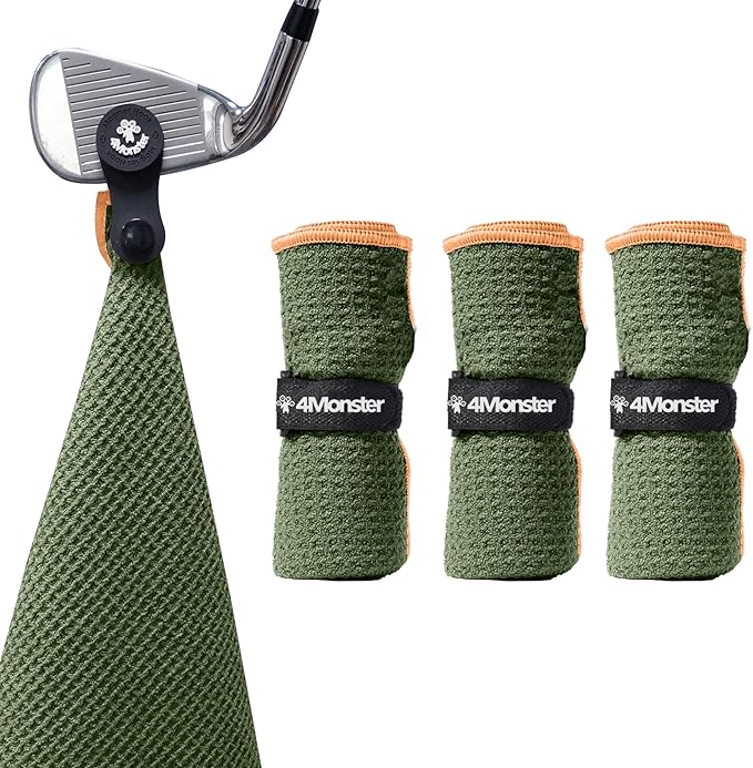 4Monster Golf Towels 3-Pack with Detachable Magnet and Portable Pouch, Quick-Dry Microfiber Golf Towel Set for Golf Bags,Custom Towel Gifts for Men or Women (3, Rifle Green)