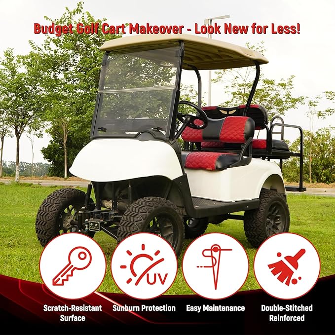 Golf Cart Front and Rear Seat Covers Waterproof and Sun Resistant Marine Grade Vinyl Leather Seat Cover Accessories for EZGO RXV 2008+, Deep Red(4PCS)