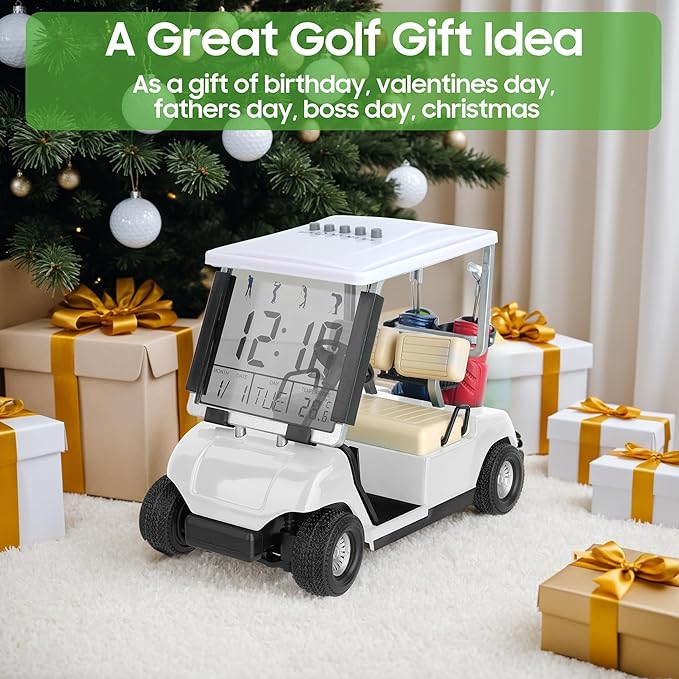 10L0L Mini Golf Cart Alarm Clock LCD Display Calendar Golf Gifts for Men Fans Golfers Superior Race Souvenir Novelty(White)