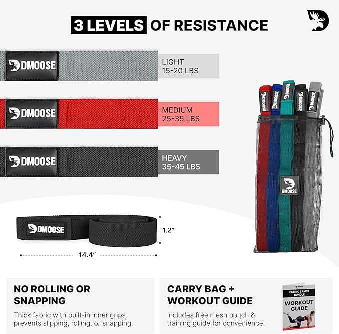 DMoose Fitness Fabric Resistance Bands for Full Body Exercises - Non-Slip Thick Cloth Stretch Band for Squats, Lunges & Bicep Curls - Long Resistance Bands for Working Out - Booty Band for Men & Women