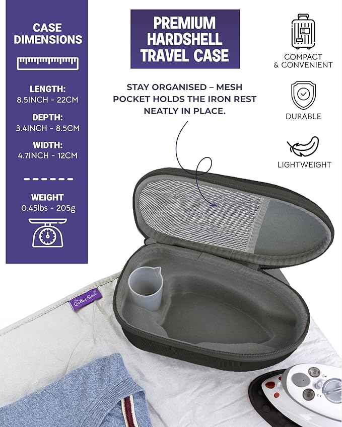 The Quilted Bear Mini Iron, Rest & Ironing Mat - Lightweight Mini Steam Iron with Hard Shell Travel Case, Rest & Ironing Mat - Travel Essentials for Wrinkle Free Clothes & Effortless Quilting (Black)