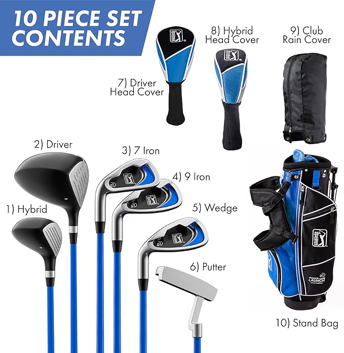 PGA Tour Youth Golf Club Set for Ages 8-12 (4’8”-5’2”) and 12+ (5’2”+), Right and Left-Handed Kids Golf Sets – Beginner Junior Golf Clubs with Lightweight Stand Bag, Mallet Putter, Hybrid, Driver