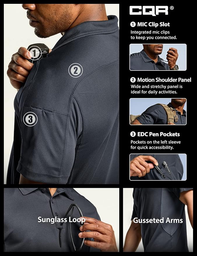 CQR Men's Polo Shirts, Tactical Short Sleeve Golf Performance Shirts, Lightweight Dry Fit UPF 50+ Pique