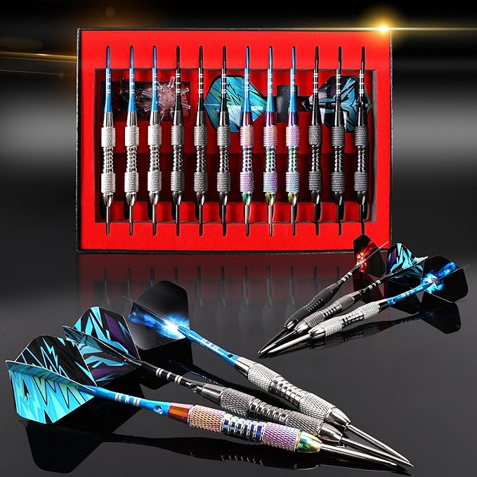Darts Metal Tip Set Professional Metal Darts for Dartboard Steel Tip Darts with Nonslip Iron Barrel Aluminum Dart Shafts,Extra Flights,Dart Sharpener,Gift Box