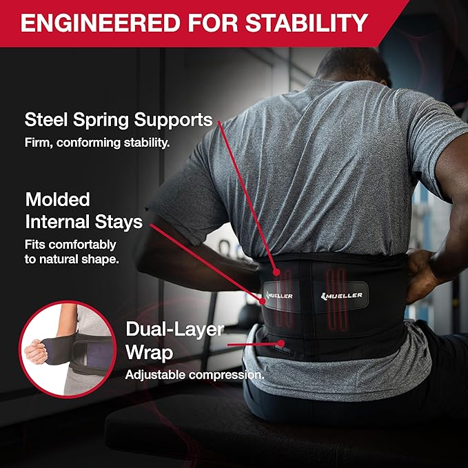 MUELLER Sports Medicine Lumbar Back Brace with Removable Pad, Ideal for Upper and Lower Back Pain, Relief & Support for Men and Women, Strains, Sciatica, Scoliosis, Black, Regular Size