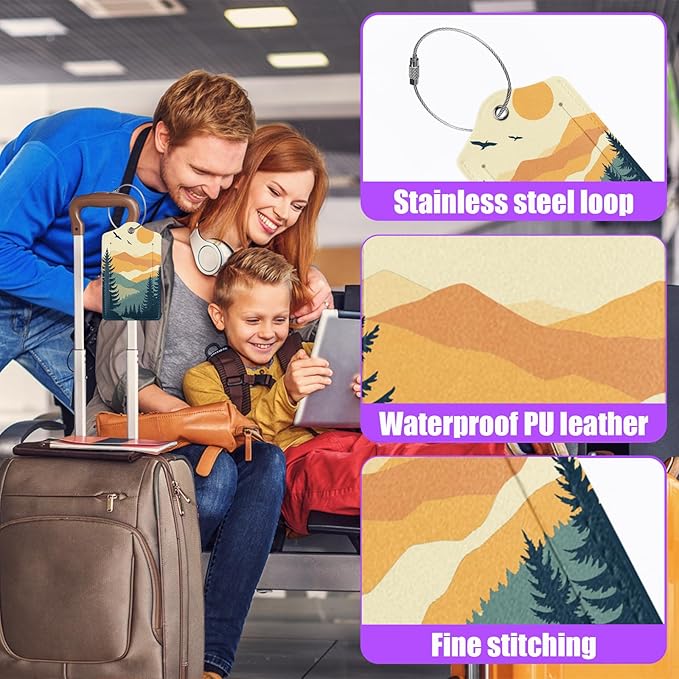 3 Pack Mountain Tree Luggage Tags for Suitcase Sunset Landscape PU Leather Travel Luggage Tag Privacy Cover ID Label for Women Men Baggage Backpack Handbag School Bag