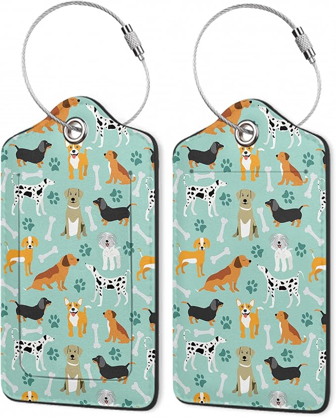 2 Pack Luggage Tags,Leather Suitcase Tags with Privacy Cover Name Address Labels& Durable Steel Loop for Men/Women Travel Bag Suitcases(Cute Dog)