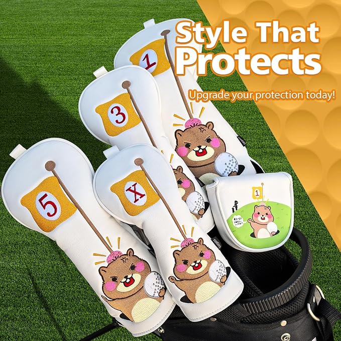 Golf Club Cover for Driver Fairway Wood Hybrid Mallet Putter Cover, Wootfairy Golf Club Headcovers Waterproof Leather White Accessories Compatible with Taylormade Odyssey and More Brand