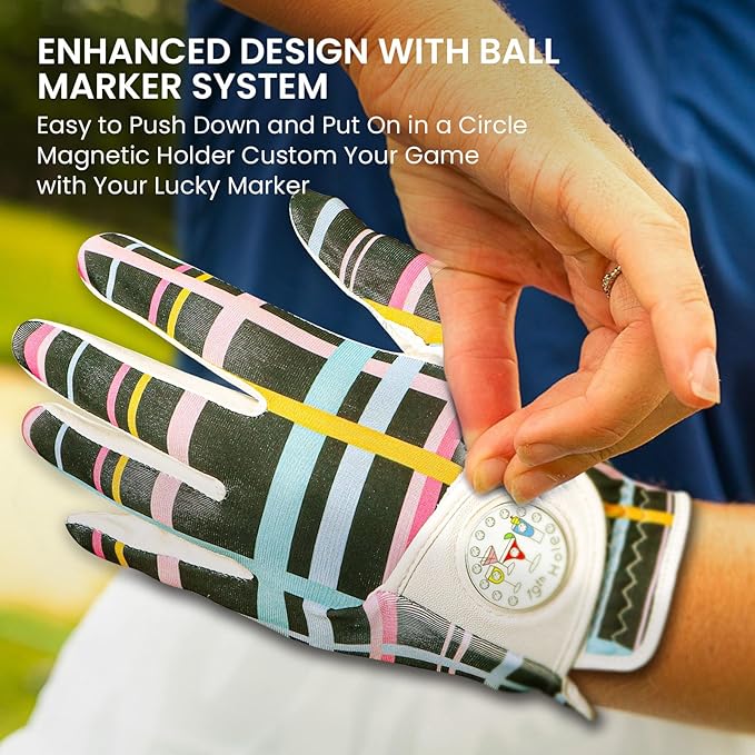 FINGER TEN Stylish Golf Gloves Women with Ball Marker 1 Pack for Left or Right Hand, Breathable Glove with Fashion Patterns for Ladies Right Left Handed Golfer