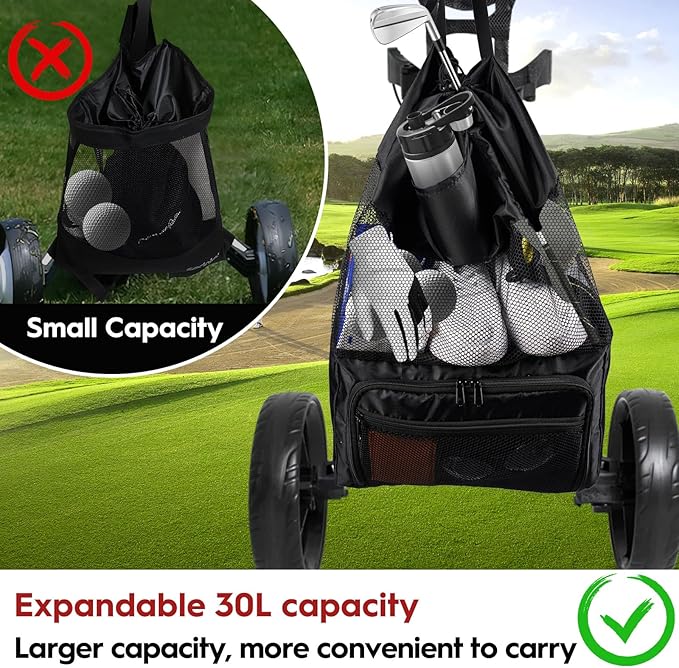 T TGBROS Universal Golf Cart Storage Organizer – Overhead Mesh Bag, Front Basket with Cup Holders & Push Cart Zippered Pouch Fits Club Car, EZGO, Yamaha, Kandi, Push Carts Large Capacity