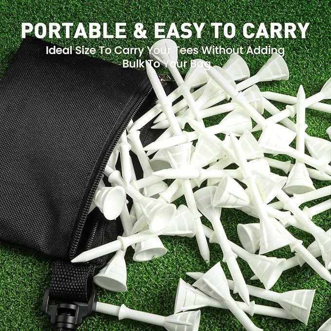 Golf Tees Plastic 3 1/4 inch Unbreakable 30 Pack with Pouch Bag, Durable Stable Available 83 mm Long Tee for Golfer Practice