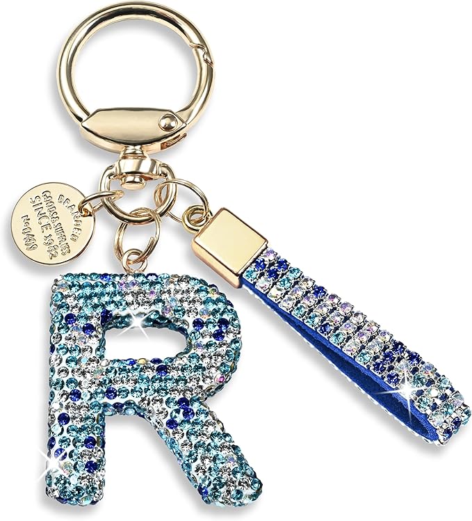 Pink Blue White Initial Letter Keychain Gift for Women Girls Bling Sparkly Cute Backpack Car Key Accessories Lanyard
