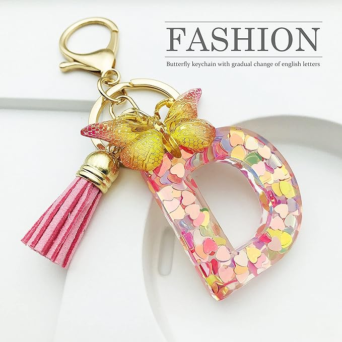 JINGUAZI Initial letter Keychains for Women Tassel Butterfly Pink Purple Cute Car Keychain for Wallet Backpack bag charm