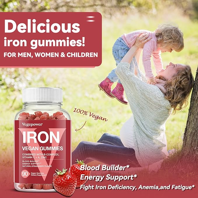 Iron Gummies Supplements for Kids & Women - Multivitamin with Iron for Blood Healthy, Great Tasting Vitamins Gummy with Vitamin C for Max Absorption - Strawberry (3 Packs)