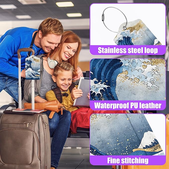 3 Pack Japanese Ocean Wave Luggage Tags for Suitcase Great Waves PU Leather Travel Luggage Tag Privacy Cover ID Label for Women Men Baggage Backpack Handbag School Bag