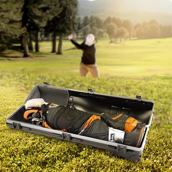 SKB Staff ATA Hard Shell Plastic Golf Travel Case for Cart Bags with Wheels - Heavy-Duty Rolling Club and Driver Carrier for Airline Transport, Impact-Resistant with TSA Locking Latches