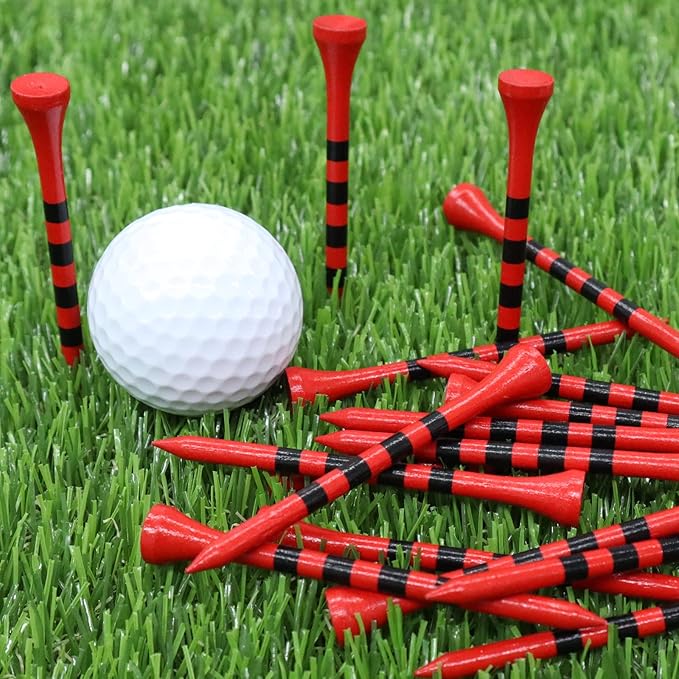 FINGER TEN Golf Tees Wood 3 1/4 2 3/4 Inch Value 50/120 Count, Durable Tees with Bright Colored Stripes for Consistent Height, 70mm 83mm Long Tees Ideal for Golfers