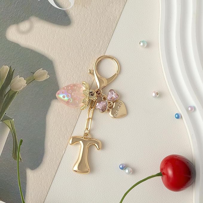 Snycler Bubble Initial Keychain with Strawberry & Bow- Gold Letter Bag Charms for Women, Cute Purse Handbag Accessories
