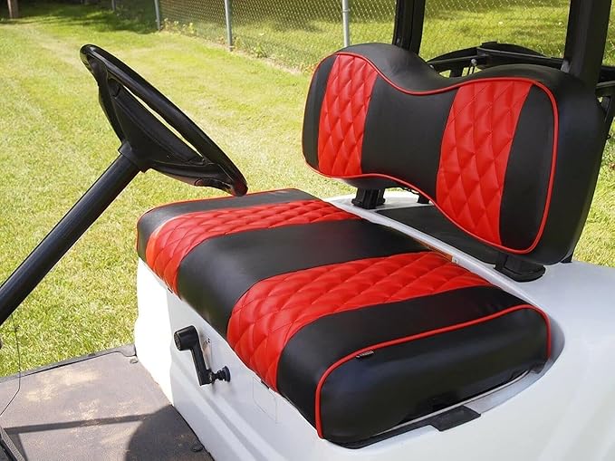 Huskey 4PCS Golf Cart Front/Rear Seat Covers for Club Car Precedent 2004+ G&E Models Custom Two-Tone Black/Red Diamond Stitching with Red Piping,Marine Grade Vinyl Material,Staple On Design