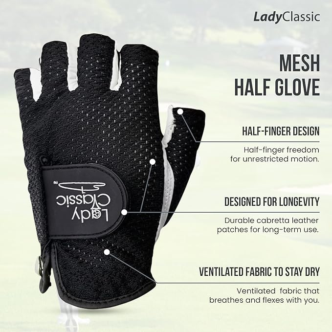 Mesh Half Golf Glove for Women – Premium Cabretta Leather Palm, Breathable Mesh Back, Half-Finger Design Ladies Golf Glove for Enhanced Grip & Comfort