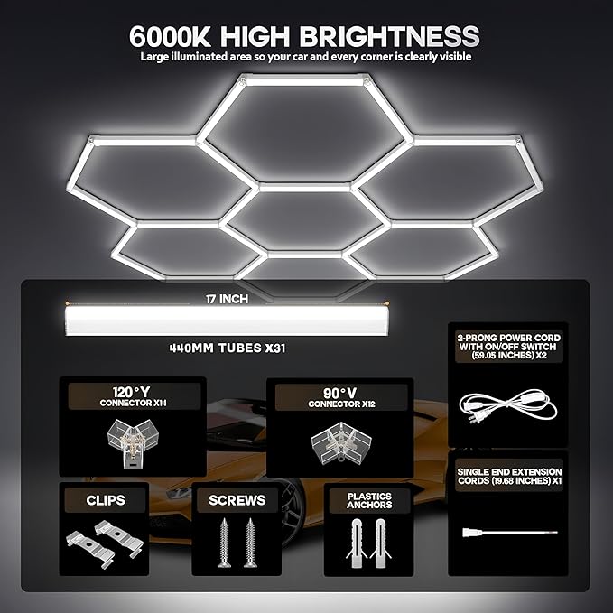 31Lights LED Hexagon Honeycomb Lights,7-Hex Honeycomb Lights 48800Lumens Hexagon DIY Super Bright Car Detailing Ceiling 488W LED Shop Light for Warehouse Workshop Gym Basement