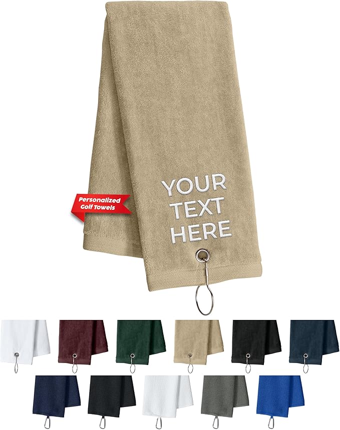 Custom Golf Towel for Golf Bags, Balls - Add Your Embroidered Name - Personalized Trifold Golf Bag Towels with Clip, for Men and Women