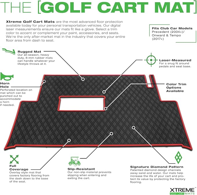 Xtreme Mats Club Car Compatible Golf Cart Mat, Full Coverage Rubber Floor Liner - Fits Club Car Models Precedent (2004-2025)/Onward & Tempo (2017-2025)/Villager & V4L (2019-2024) - Blue Trim