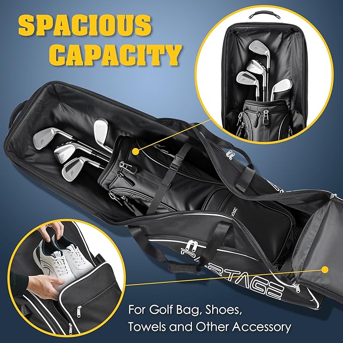 Golf Travel Bag Hard Case Top with Wheels, 900D Heavy Duty Oxford, Golf Bag Travel Case for Airlines, Protect Clubs and Easy to Maneuver-Black