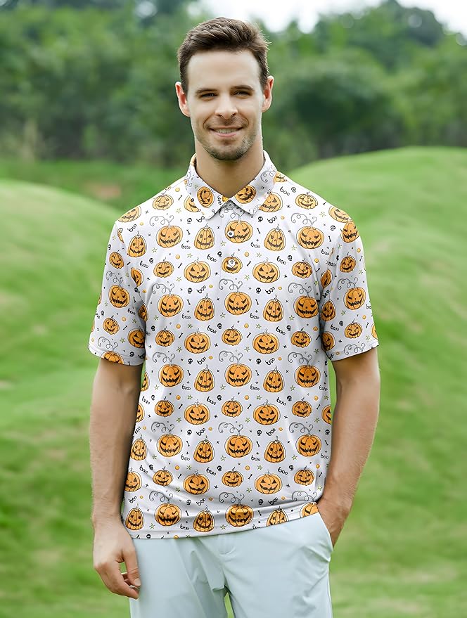 Esabel.C Golf Shirts for Men Dry Fit Performance Short Sleeve Print Moisture Wicking Collared Shirt