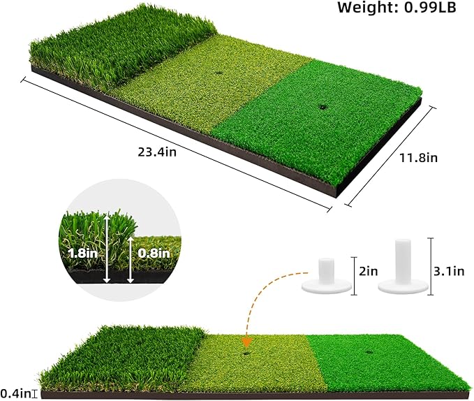 3-in-1 Golf Chipping Mat – Tri-Turf Golf Practice Mat for Indoor & Outdoor Use, Durable Grass Hitting Pad for Driving, Chipping & Putting Training, Portable Backyard Golf Trainer