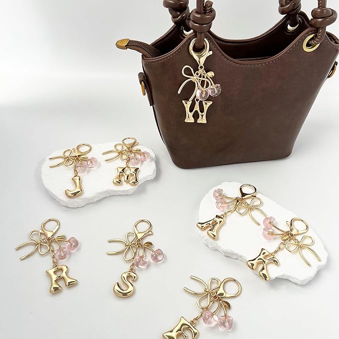 Gold Bubble Heart, Cherry, Bow & More Designs Letter Initial Keychain Bag Charms – Cute Purse Charms for Handbags
