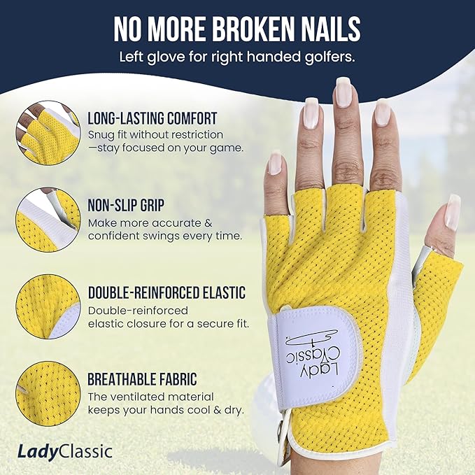 Mesh Half Golf Glove for Women – Premium Cabretta Leather Palm, Breathable Mesh Back, Half-Finger Design Ladies Golf Glove for Enhanced Grip & Comfort