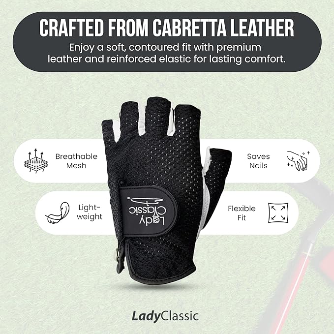 Mesh Half Golf Glove for Women – Premium Cabretta Leather Palm, Breathable Mesh Back, Half-Finger Design Ladies Golf Glove for Enhanced Grip & Comfort