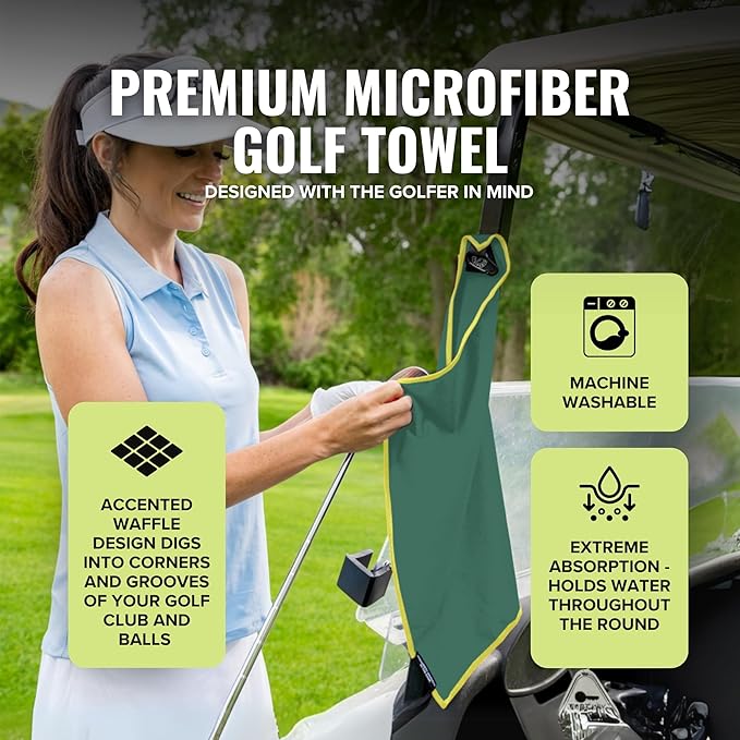 Stripebird - Magnetic Golf Towel (Green) - Microfiber Golf Towel with Built-in Ultra-Strong Neodymium Magnetic Towel - 18" x 18" Golf Bag Towel