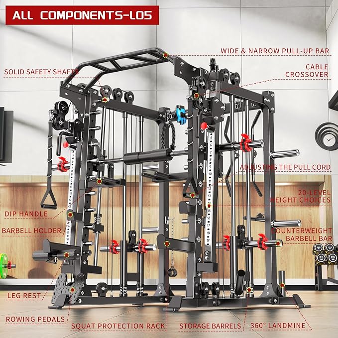 Smith Machine，Multi-Function Squat Rack Power Cage with Cable Crossover System,with Optional Weight Bench, Olympic Barbell Weight Set, for Home Gym