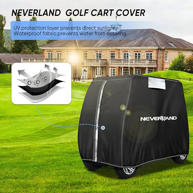 NEVERLAND Golf Cart Cover - Waterproof Golf Cart Covers - Fits for Yamaha Golf Carts EZ GO Club Car - Outdoor Windproof Sunproof (Black, Fit for 2+2/4 Passenger Cart)