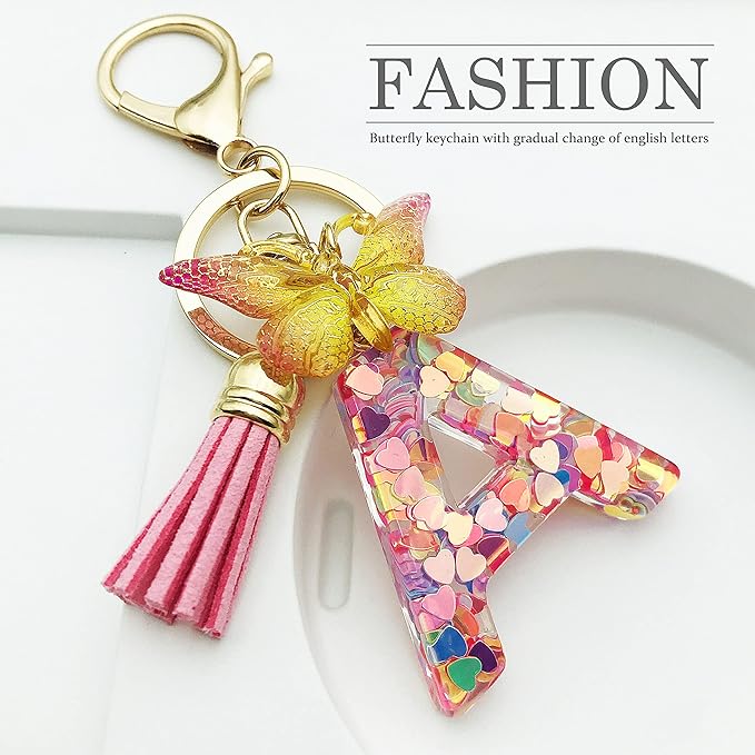 JINGUAZI Initial letter Keychains for Women Tassel Butterfly Pink Purple Cute Car Keychain for Wallet Backpack bag charm