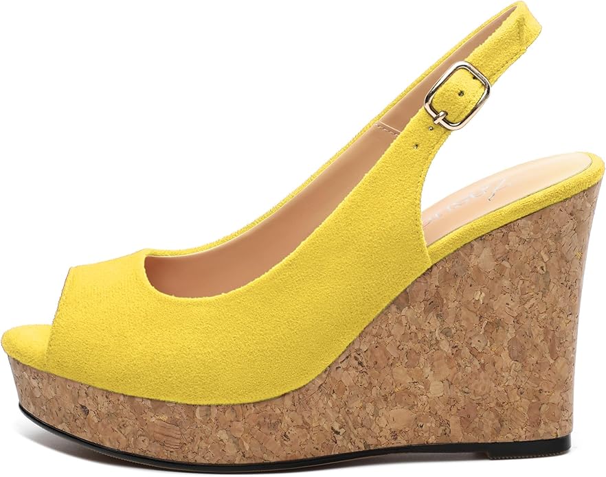 Womens Wedge Platform Sandals Peep Open Toe Slingback Buckle High Heel Dress Shoes Pumps Suede 3.94 Inch
