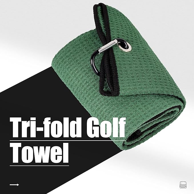 Mile High Life Tri-fold Golf Towel | Premium Microfiber Fabric | Waffle Pattern | with Heavy Duty Carabiner Clip | Golf Towel for Men and Women (GreenGolf Towel)