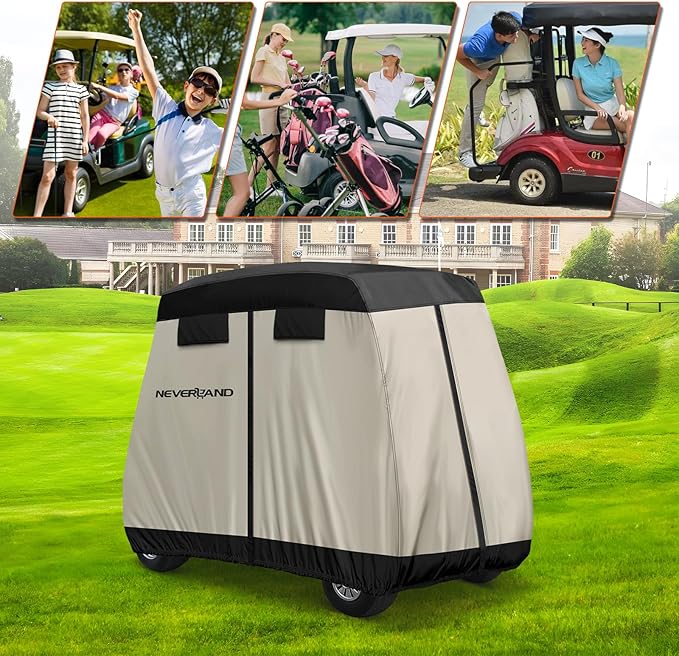 NEVERLAND Golf Cart Cover 4 Passenger - Outdoor Waterprood Golf Cart Covers, 420D Club Car Golf Cart Covers With Air Vent&Zipper Compatible with EZGO Yamaha Club Car 4 Seat (Up to 112 Inch)Black+Brown