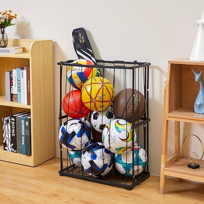 Garage Ball Storage Wall-Mounted & Floor Sports Equipment Organizer: Sports Ball Rack with Elastic Rope, Holder for Basketball, Soccer, Volleyball, Football, Garage, Gym, Black(Patent Pending)