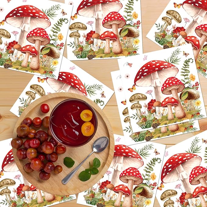Mushroom Party Napkins Decorations, 50PCS Forest Mushroom Theme Decor, Fairy Tale Party Disposable Paper Napkins Set Supplies Size 6.5 Inch