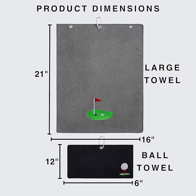 Embroidered Golf Towel Set – Custom Towels for Golf Bags & Carts – Golf Accessories & Gifts for Kids, Men, & Women – Microfiber Waffle and Ball Towels – Putting Design - 2-Pack