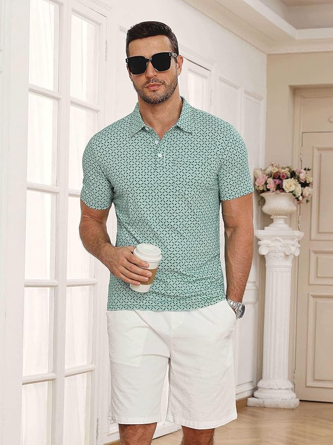 Lexiart Mens Golf Shirt Short Sleeve Dry Fit Print Moisture Wicking Performance Patterns Collared Polo Shirt with Pocket