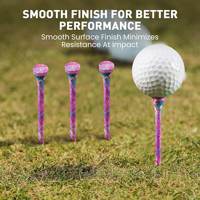 FINGER TEN Golf Tees Stylish Bamboo Wooden Coloured Painted Value 100 Pack, Durable 3 1/4 2 3/4 1 1/2 Inch Long Short Tee, Cool Style Purple Pink Green Enhanced Visibility for Men Women