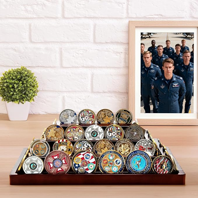 Challenge Coin Display Holder, Military Coin Display Stand 4-Tier for Collectors,Wooden Army Coins Collection Rack, Coin Stands for Display Desk Decor Walnut