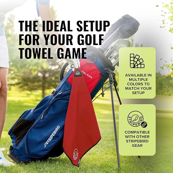 Stripebird - Magnetic Golf Towel (Red) - Microfiber Golf Towel with Built-in Ultra-Strong Neodymium Magnetic Towel - 18" x 18" Golf Bag Towel